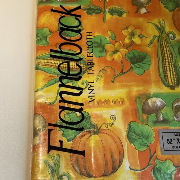 Vintage Fall Vinyl Tablecloth Flannel Backed 52x70" Oblong Mushrooms Pumpkin NOS - Picture 2 of 5